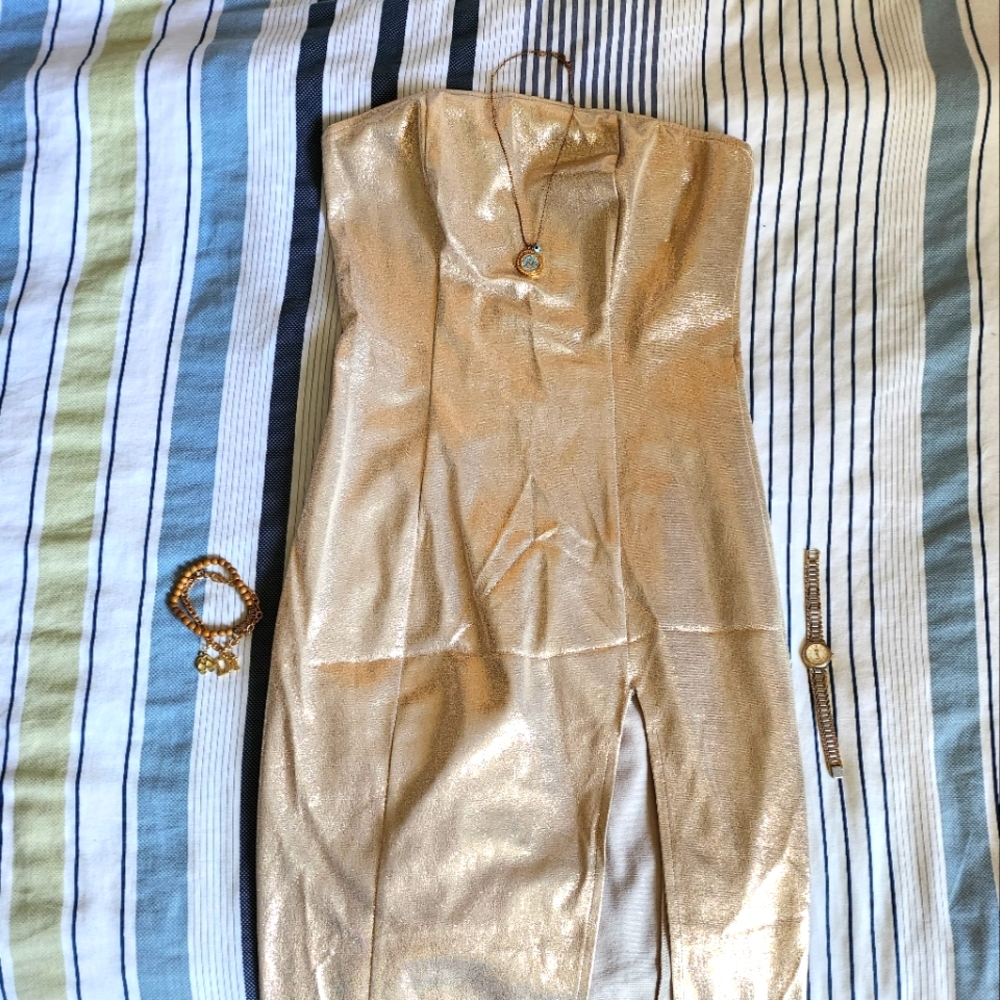 Forever 21 strapless glittery gold dress with leg slit, midi length